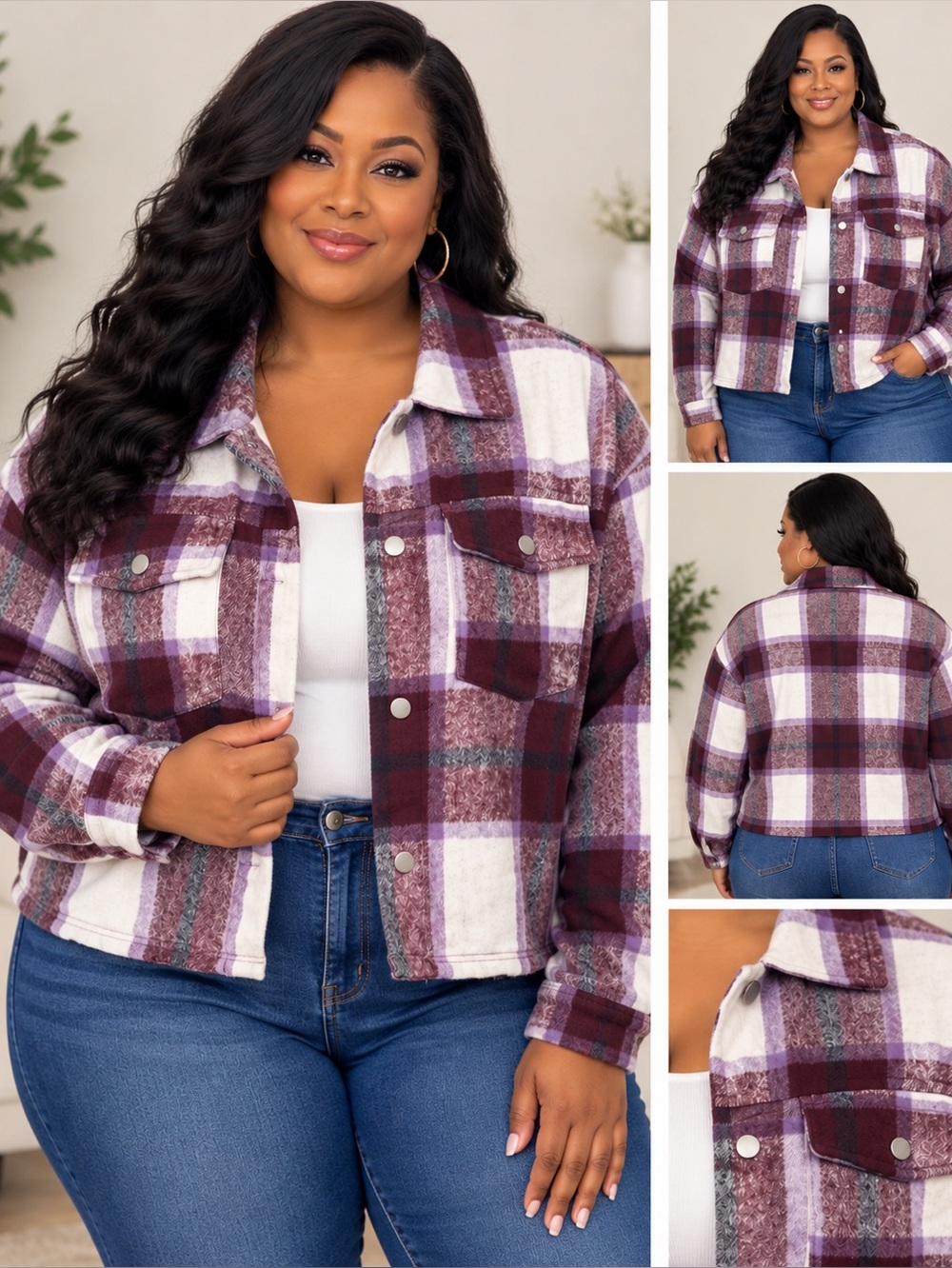 NWT Spoonjeans Plaid Cropped Jacket size 2X Purple Black White Burgundy